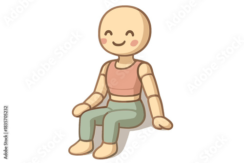 Charming Mannequin Delight. A cute "seated fit" mannequin with a smiling face, soft harmonious pastel palette, No text, No labels,