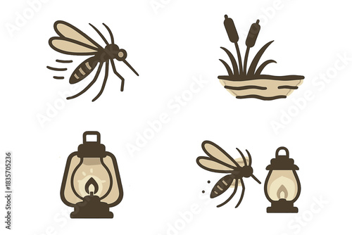 Mosquitoes by Lantern Light. Icons for: motion tying insect, marsh, and glow, subtle flight uniting haze and lamp, quiet drift