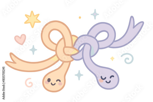 Playful Knot Animation. A cute "plot twist" knot untying itself with winking ends, floating magical doodle accents, soft pastel