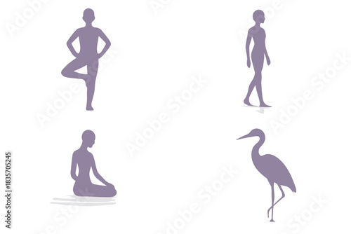 Elegance in Serene Light. Icons for: a single-leg balance beside gentle hues, a poised stance near soft water glow, a slender