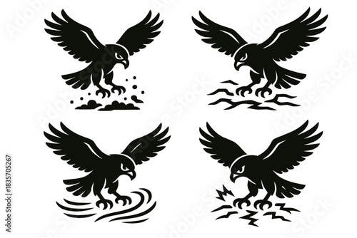 Hawk in Flight. Icons for: a hawk hovering over scattered dust, a fierce flyer pausing above shifting earth, a focused raptor