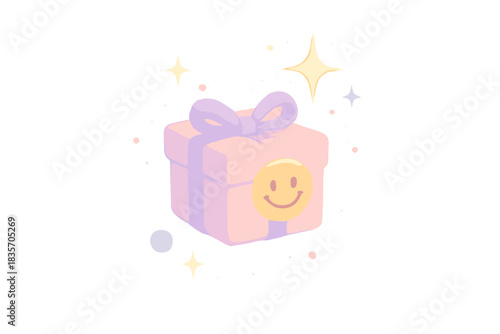 Magical Grin Package. A tiny parcel with a grinning sticker, floating sparkles and pastel accents, soft magical pastel tones, No