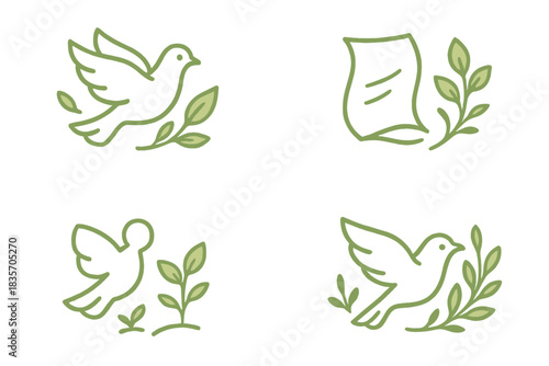 Dove and Gentle Foliage. Icons for: a dove gliding over subtle leaves, a pale flyer drifting past mild greenery, a quiet winged