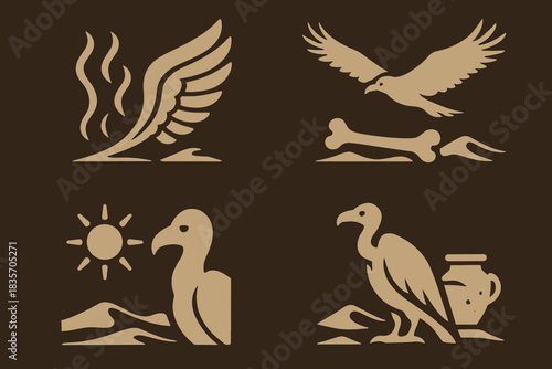 Desert Vulture Symbiosis. Icons for: motion tying heat, wings, and remains, desert rhythm uniting bone and glide, still air