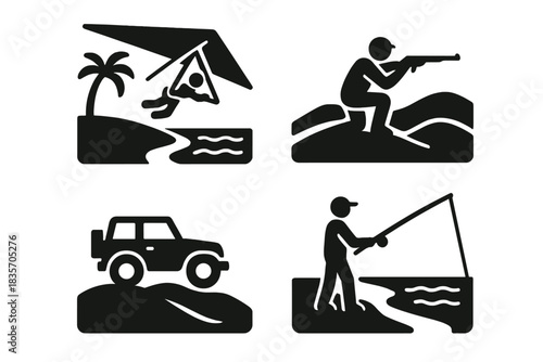 Coastal Adventure Icons. Icons for: a beach’s curve guiding a heavy glider, soft dunes steering a patient hunter, warm sand