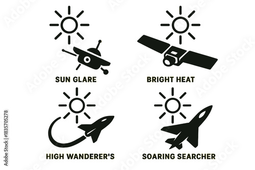 Solar-Powered Ventures. Icons for: a sun’s glare guiding a drifting sentinel, bright heat steering a wide-winged rover, a blazing