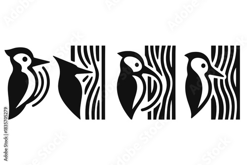 Woodpecker's Rhythmic Pecking. Icons for: a beak’s arc meeting timber rhythm, a pointed strike aligning with bark flow, a curved