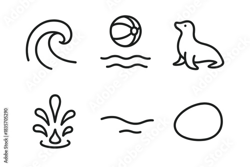 Aquatic Surf Icons. Line vector icons of Aquatic Surf Play: surf curl, mid-air ball, seal silhouette, splash tuft, ebb line,