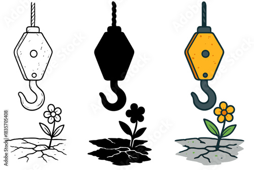 Resilient Flower and Hook. Weathered crane hook hanging near sprouting wildflower through cracked concrete, first in line style