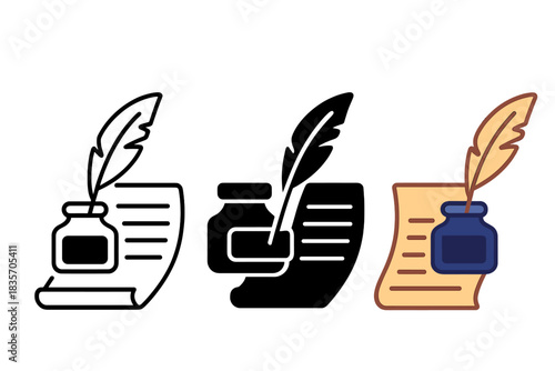 Quill and Parchment Styles. Open inkwell with dipping quill and parchment letter halfway written, first in line style with thin