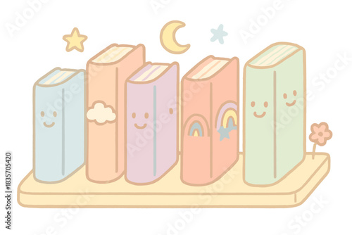 Dreamy Smiling Books. A cheerful bookshelf with smiling books titled with dream themes, soft pastel doodle style, No text, No