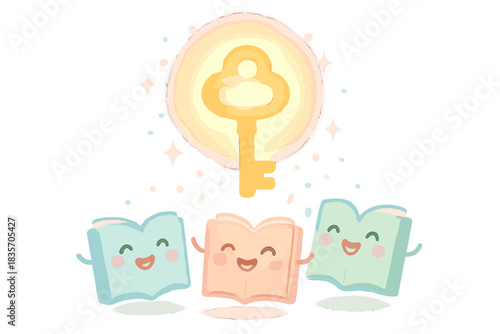 Glowing Key and Books. A glowing key hovering above tiny joyful books, representing lucid dreams, gentle pastel accents, No text,