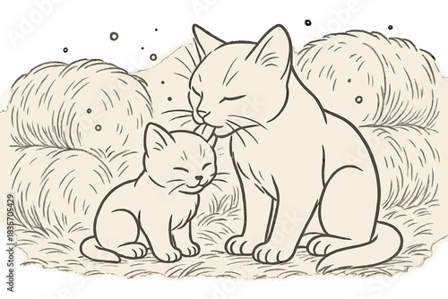 Cat and Kitten Styles. Mother cat grooming her kitten among soft hay bales and dust motes, first in line style with thin outline,