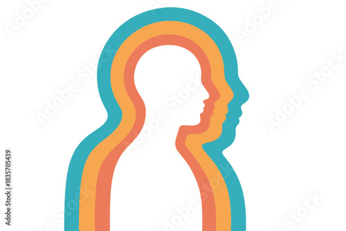 Abstract Self-Awareness. Organic body outline merging with overlapping echo rings of self-awareness, first in line style with thin