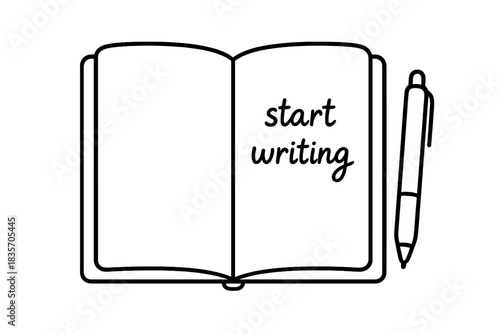Journal Writing Inspiration. Journal open to blank page with “start writing” prompt and simple pen beside it, first in line style