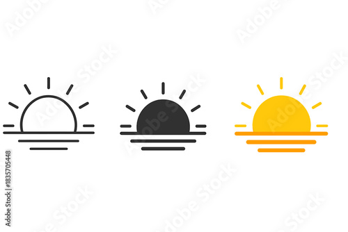 Sunrise Egg Horizon. Sunrise over horizon stylized as a giant egg yolk casting warm light, first in line style with thin outline,