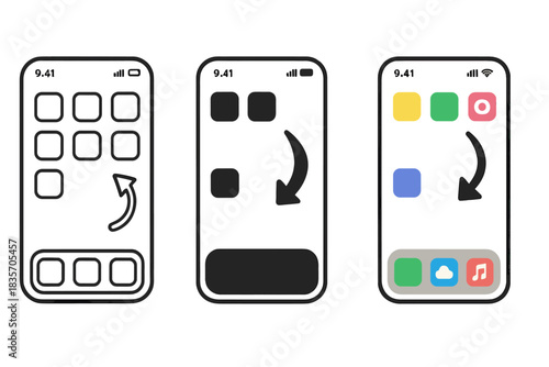 App Screen Redesign. Smartphone screen with apps rearranged and unnecessary ones disappearing, first in line style with thin