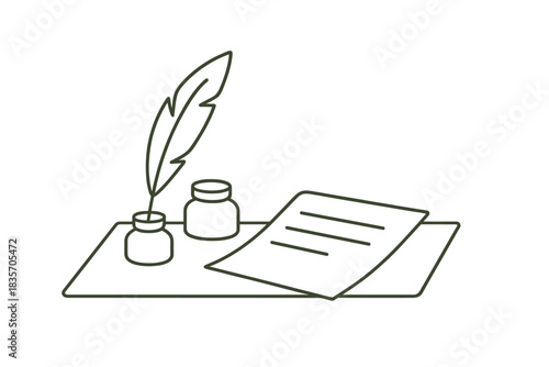 Minimalist Desk Vignettes. Minimalist desk scene with quill, small ink pot, and single open page, first in line style with thin