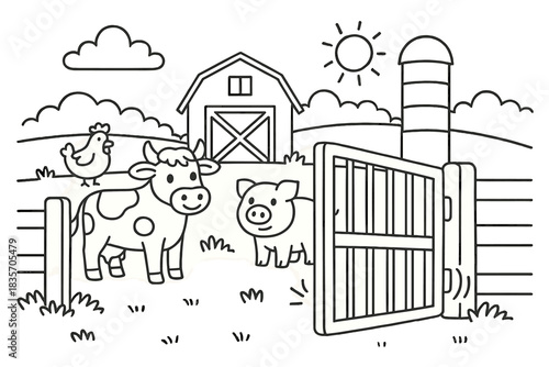 Barnyard Gate Styles. Barnyard scene showing open gate with squeaking hinge highlighted in motion, first in line style with thin