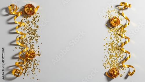 Festive Golden Ribbon and Confetti Border on White Background with Copy Space