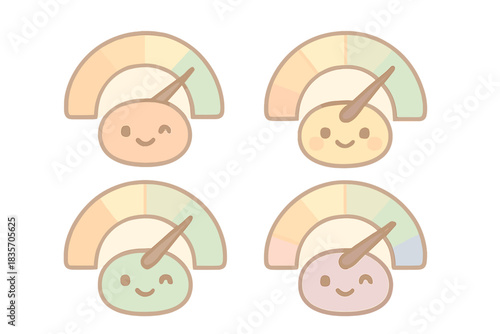 Playful Stat Dials. A cute set of individual "performance stat" dials with winking faces, soft harmonious pastel palette, No text,