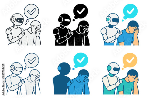 Futuristic Grief Therapy Robot. Robotic companion projecting glowing thought bubbles of reassurance, futuristic grief therapy