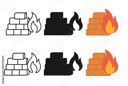 Brick Kiln Artistry. Clay bricks stacked beside a roaring kiln fire, simple minimal vector design, first in line style with thin