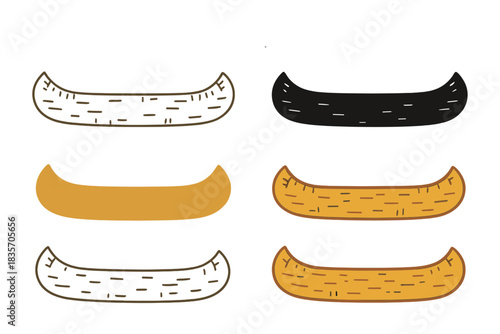 Birch Canoe Variations. Top view of a birch bark canoe with gentle curves and natural texture, abstract minimalist vector, first