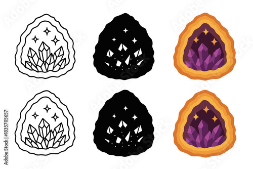 Geode Crystal Designs. Cross-section of geode with jagged edges and glittering crystals, abstract minimalist vector design, first
