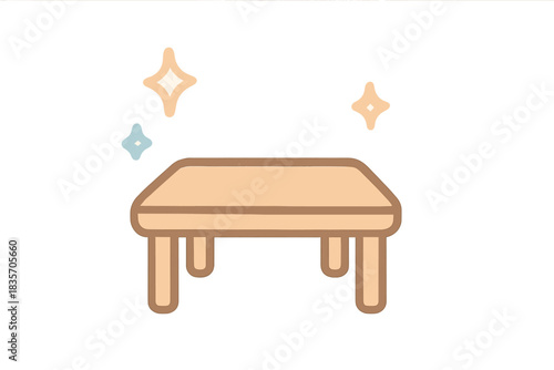 Cozy Table Sparkles. A tiny "clear space" icon of an uncluttered table with happy sparkles, cozy pastel doodle colors, No text, No