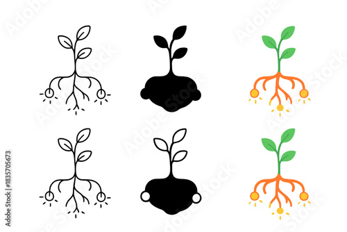 Glowing Psychedelic Plant. Underground psychotropic plant with glowing root tips and delicate sprouts, clean minimal vector