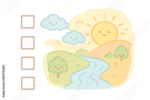 Cheerful River Sunrise. A cheerful sunrise over a flowing river checklist with smiling icons, soft pastel doodle style, No text,