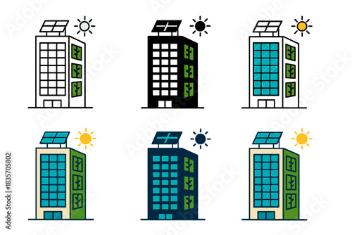 Eco-Friendly Skyscraper Designs. High-rise office block with green walls and integrated sunlight panels, minimal vector design,