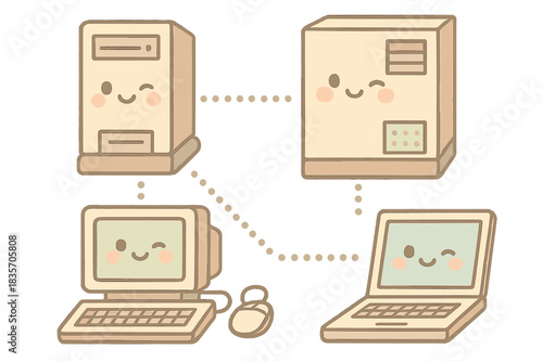 Cute Obsolete Schematics. A cute schematic diagram of obsolete architectures with winking nodes, soft harmonious pastel palette,