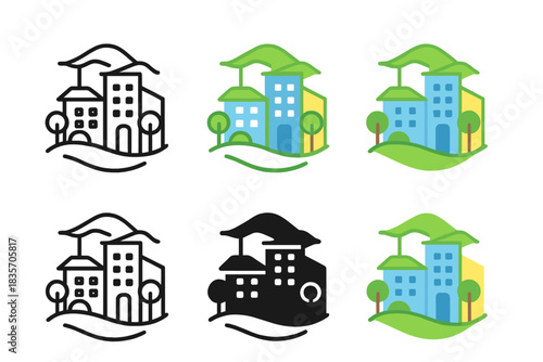 Green Cityscapes Icons. Integrated cityscape with connected green roofs and shared ecosystems, clean minimal vector icon, first in