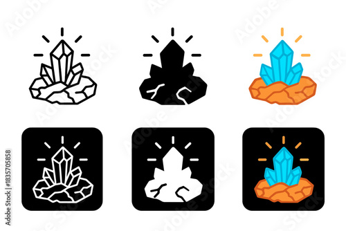 Quartz Energy Icon. Quartz vein with energy pulses radiating outward along fractured rock, clean minimal vector icon, first in