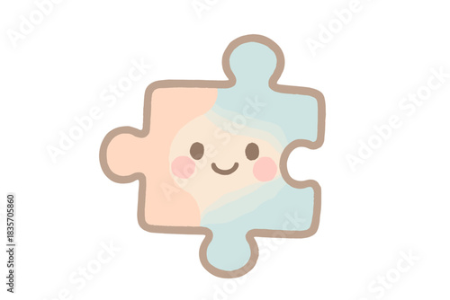 Cheerful Puzzle Piece. A tiny "inclusion" puzzle piece fitting with a cheerful face, cozy pastel doodle colors, No text, No labels