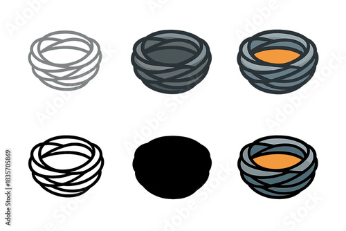 Geometric Metallic Nest. Compact metallic nest with twisted iron threads, clean geometric minimal icon, first in line style with