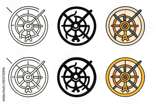 Watch Tourbillon Designs. Close-up of watch tourbillon cage spinning inside timepiece, abstract minimal vector design, first in