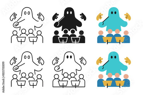 Ghostly Orchestra Conductors. Ghostly figures with floating arms conducting an orchestra, abstract minimal vector design, first in