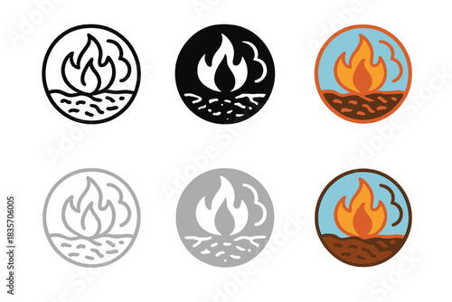 Elemental Emblem Evolution. Abstract circular emblem merging flame, smoke, and peat texture, representing endurance of old stories