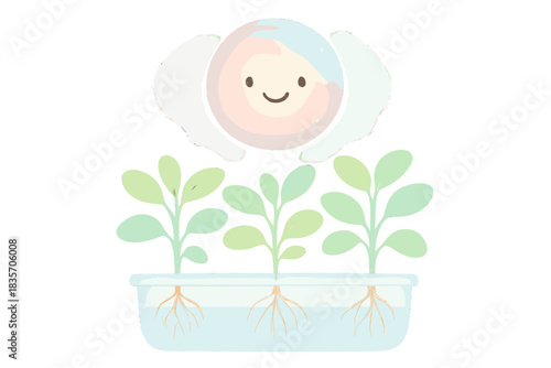 Cosmic Seed with Plants. A smiling cosmic seed floating above joyful hydroponic plants, gentle pastel accents, No text, No labels,