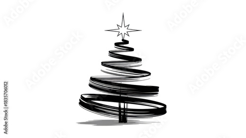 Abstract black and white illustration of a Christmas tree with swirling brush strokes and a star on top, creating a modern festive design suitable for holiday-themed projects and decorations