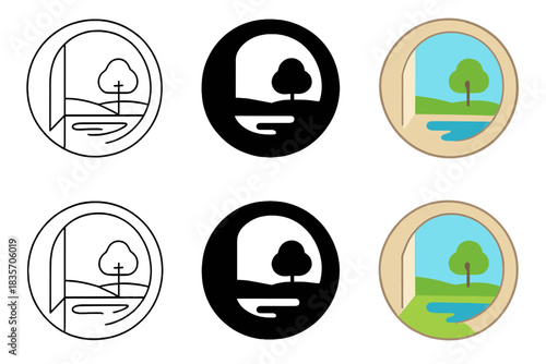 Architectural Window View. View through round architectural window revealing pond and distant tree, minimalist spatial balance