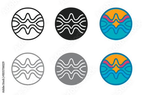 Quantum Symmetry Emblem. Abstract circular emblem combining wave interference, symmetry, and mathematical flow, representing unity