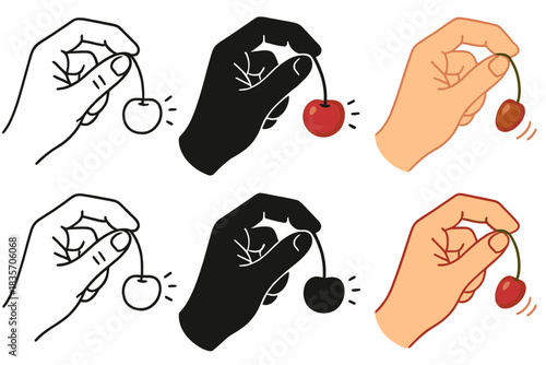 Cherry Pit Launch. Close-up of hand holding cherry stem preparing to launch pit, balance of anticipation and motion, first in line