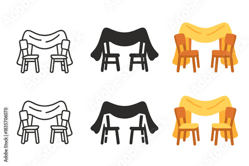 Chairs Blanket Fort. Two chairs connected by thick wool blanket roof, simplified childhood nostalgia rendered with balance and