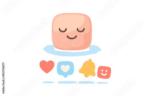 Mindful Filter Glow. A smiling mindful filter hovering above tiny joyful notifications, gentle pastel accents, No text, No labels,