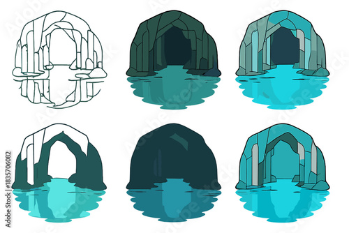 Mirror Symmetry Cave. Basalt cave pool reflecting the pillars above, tranquil mirror symmetry rendered in soft gradients, first in