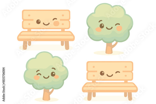 Pastel Community Space Icons. A cute "community space" design tool with winking icons of benches and trees, soft harmonious pastel